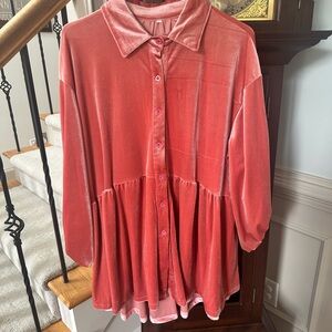 Velvet Button-Up Peplum Top - Pink